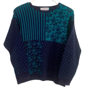 Vintage 80’s Novelli‎ Blue Knit Floral Striped Colorblock Sweater Medium Petite